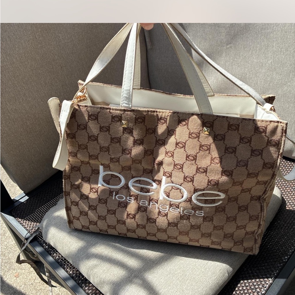 bebe Brown Logo Tote with Cream Handles